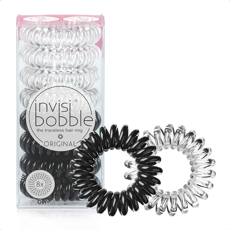 

Invisibobble оригинальные спиральные резинки для волос Tracel, упаковка из 8 кристально чистых и настоящих черных прочных эластичных аксессуаров для катушек для женщин