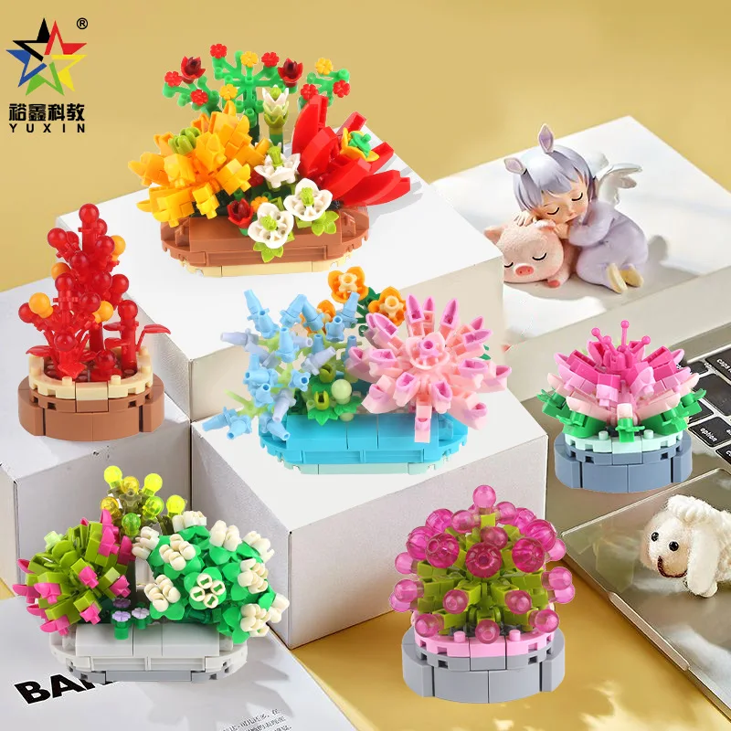 2024 Novel Succulent Plants Flower Bouquet Building Blocks Brick Toys For Children