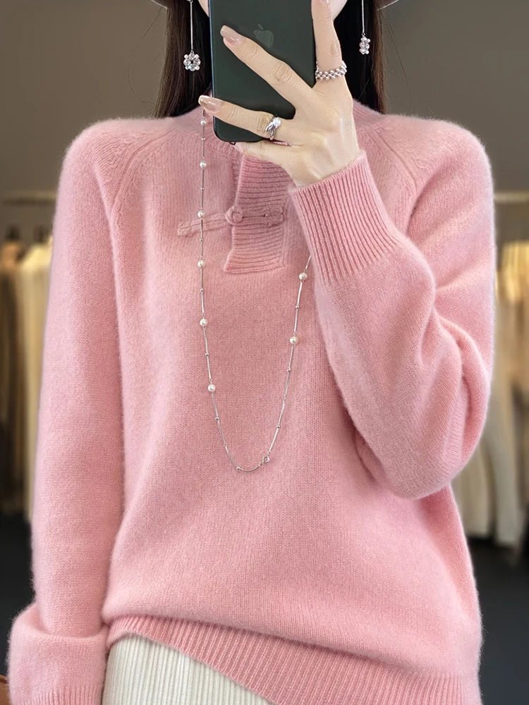 

Свитер с воротником на пуговицах в китайском стиле, женский осенне-зимний базовый пуловер из 100% мериносовой шерсти, кашемировый вязаный джемпер с длинными рукавами