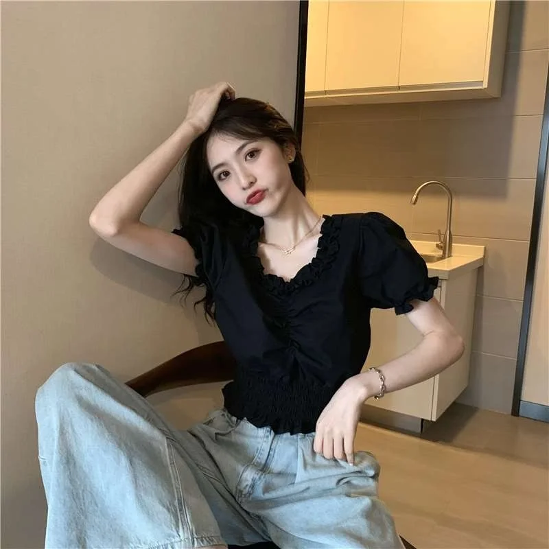 

Short Sleeve Shirts Womens Linen Pintucked Cropped Shirt Cottagecore Artistic Simple Preppy Student Youthful Girlish Forest