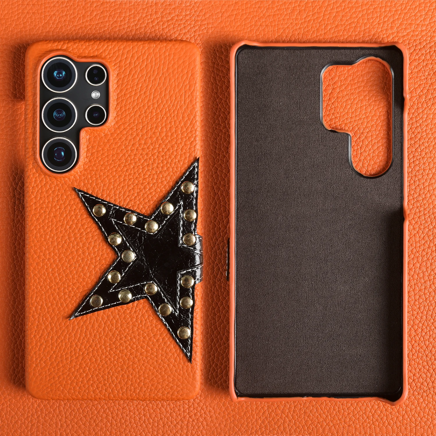

Premium Genuine Leather Phone Case For Samsung Galaxy S25 Ultra Cases S24FE S22 SS21 S20 Cover Star Punk Design Back Carcasa