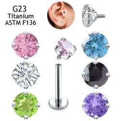 Colorful 5A+ Zircon Threaded Earrings G23 TItanium 3/4mmCZ Labret Stud Piercing Nose Studs Four Prong Fine Jewelry for Women