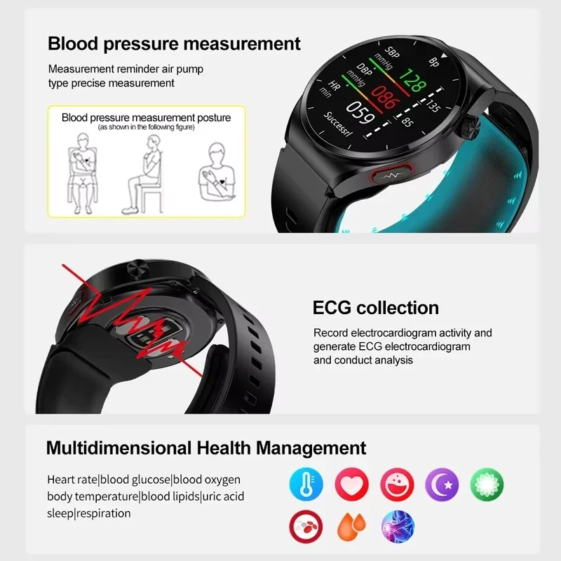 Reloj inteligente de grado médico recomendado para hombre, nueva bomba de aire + bolsa de aire tipo ECG, azúcar en sangre, BP, Monitor de salud y