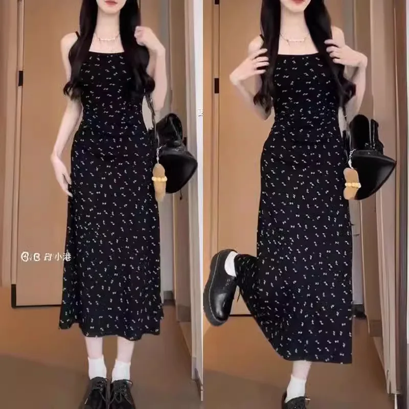 JHJN Sommerkleider für Damen, große Größen, schwarzes Blumen-Neckholder-Kleid für Mädchen, 2024, neuer Stil, dünne lange Kleider, Damenbekleidung, Vestidos