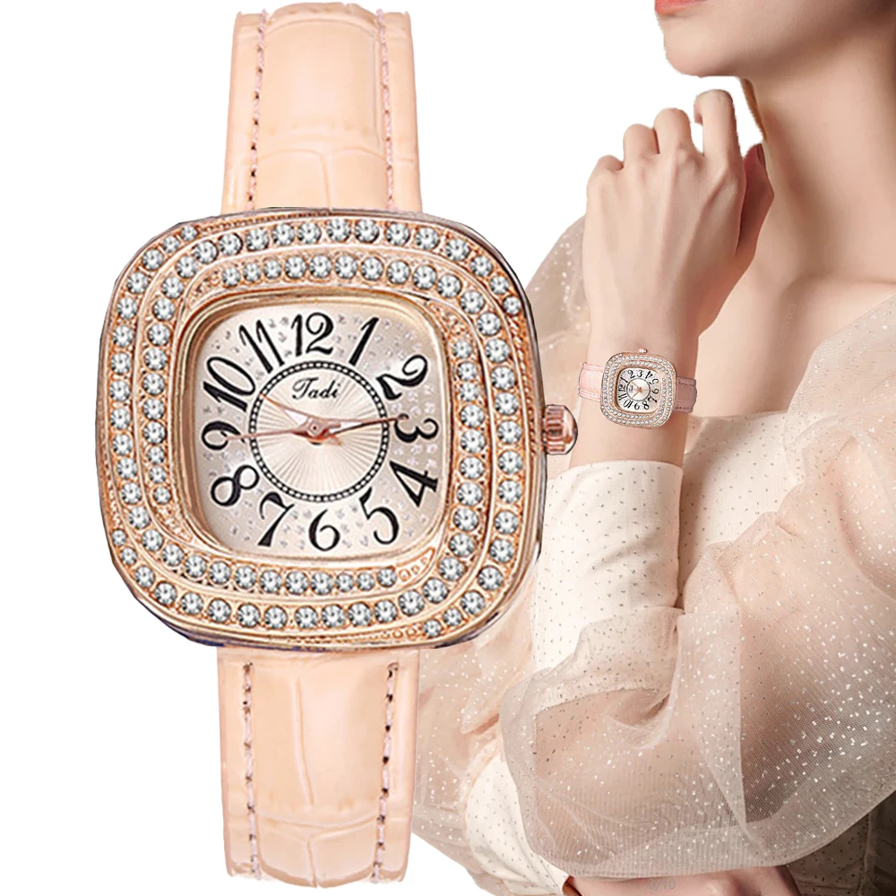 

Luxury Full Star Square Arabic Numerals Diamonds Ladies Quartz Watch Fashion Pink Leather Women's Clock Gift Wristwatch