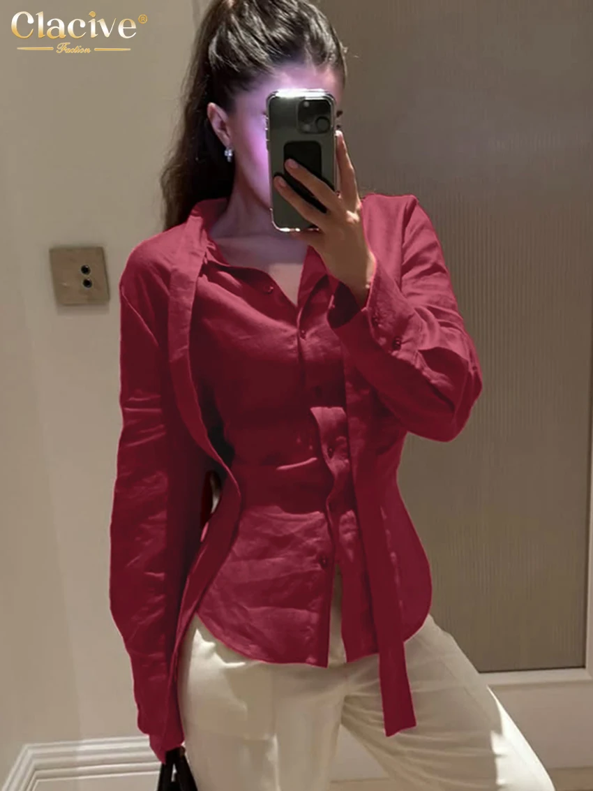 

Модная свободная женская рубашка Clacive из красного хлопка с бантом на воротнике, весенняя блузка с длинным рукавом, элегантный классический топ, женская одежда