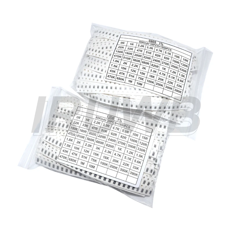 1500PCS/Set Resistors Assorted Set SMD 60 Values X 25Pcs 0R-10M Ohm 1% High Precision Film Chip Resistance Kit 0603 0805