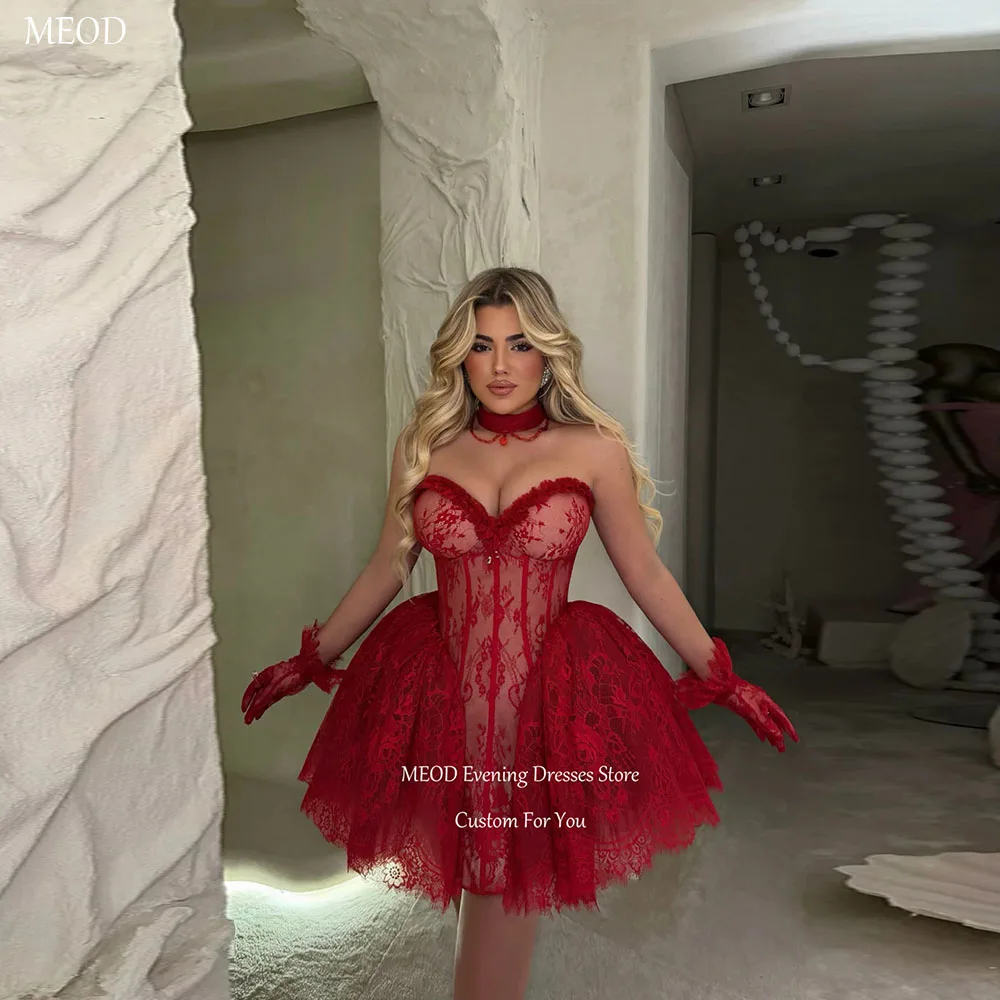 MEOD Red Sweetheart Lace Corset Mini Prom Dress Sleeveless Above Knee Length Cocktail Dress Lace Appliques Party Gown Customized
