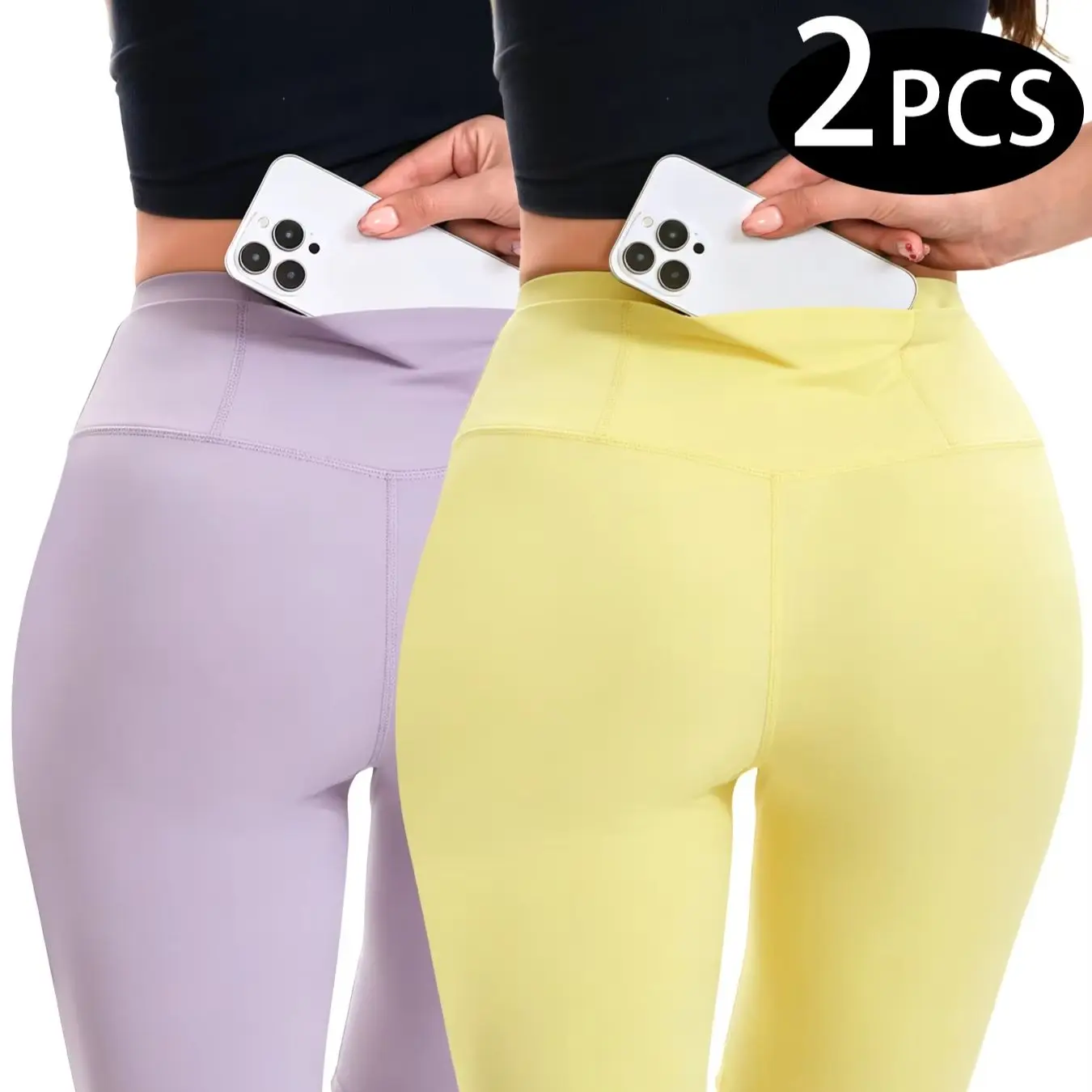 2PCS Solid Color Scrunch Booty Lift Leggings for Ladies, High Waisted Compression Slimming Athletic Pants, Seamless Soft Sports