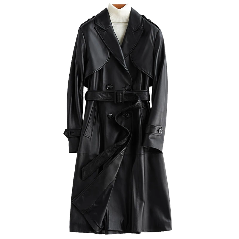 

Autumn Long Black Pu Lather Trench Coat for Women Long Sleeve Belt Epaulets British Style Fashion Leather Overcoa