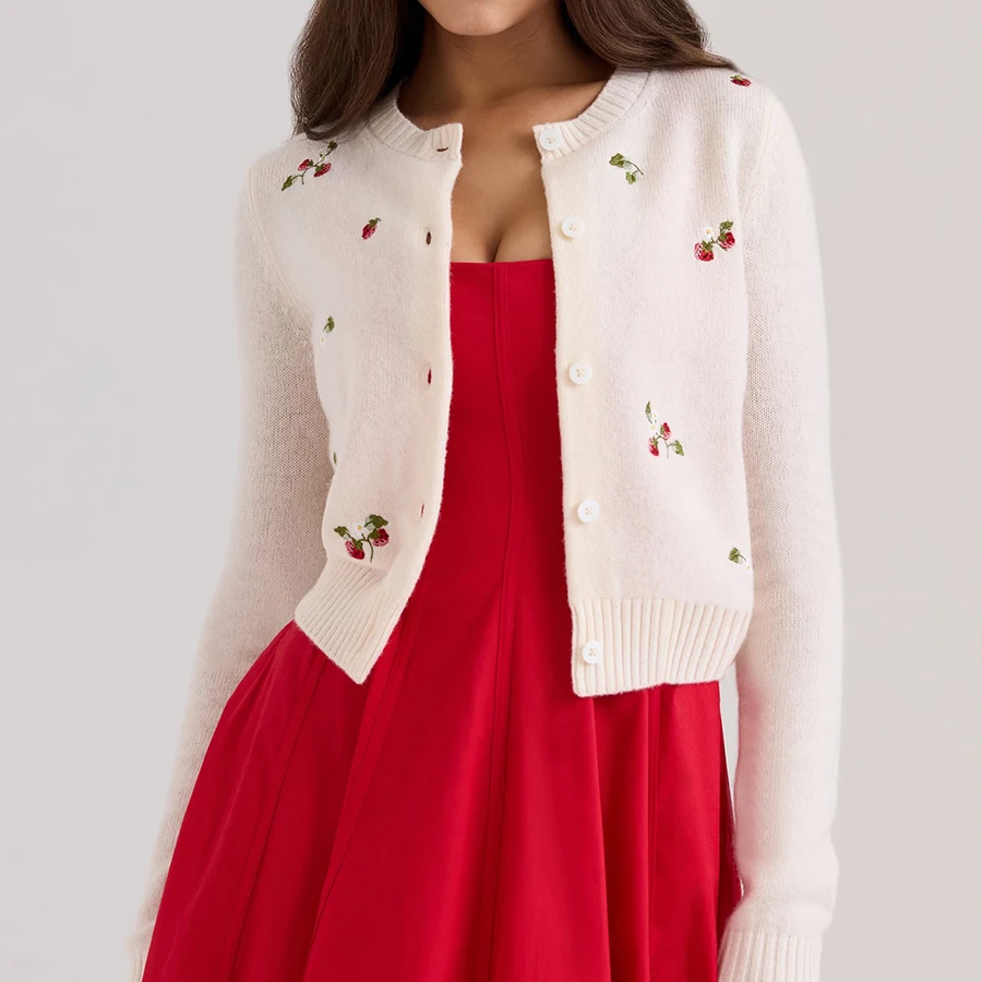 

French Style Floral Embroidery Sweaters Cardigan Cheery Women Autunm Winter Beige Long Sleeve Casual Ladies Sweater Jumpers New