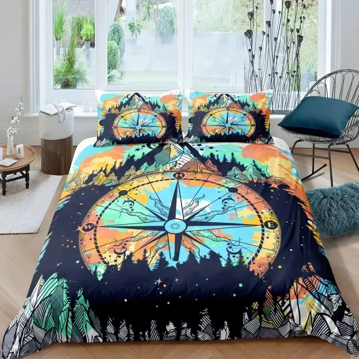 

Compass Telescope Duvet Cover Set Navigation Theme Polyester Comforter King Queen Size Bedding Set for Kids Boys Girls