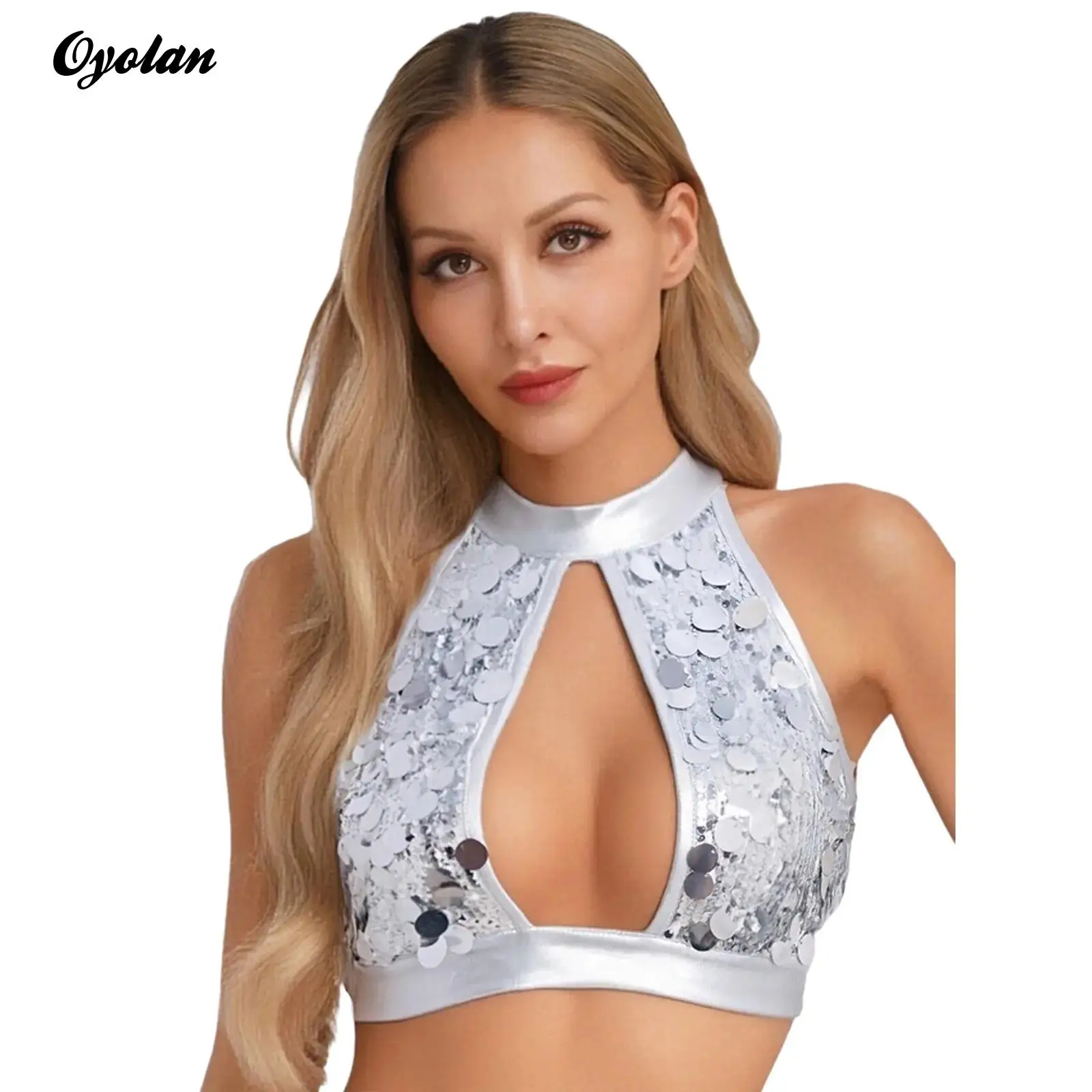 

Adults Womens Sparkle Sequin Halter Crop Top Rave Party Clubwear Glitter Front Cutout Back Invisible Zipper Cami Tank Top