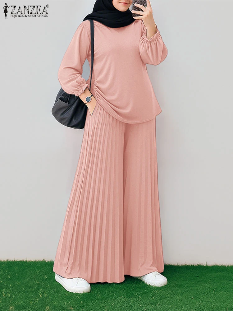 Frauen 2025 Herbst Passenden Sets ZANZEA Muslimischen Hijab Trainingsanzug 2 Stück Sets Casual Langarm Tops Hosen Anzug Solide Outfits