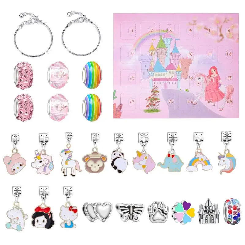 Weihnachten Advent Kalender Kinder Schmuck Machen Kit Weihnachten Rosa Fantasie Countdown-Kalender Armband Geschenk Für Mädchen Kid