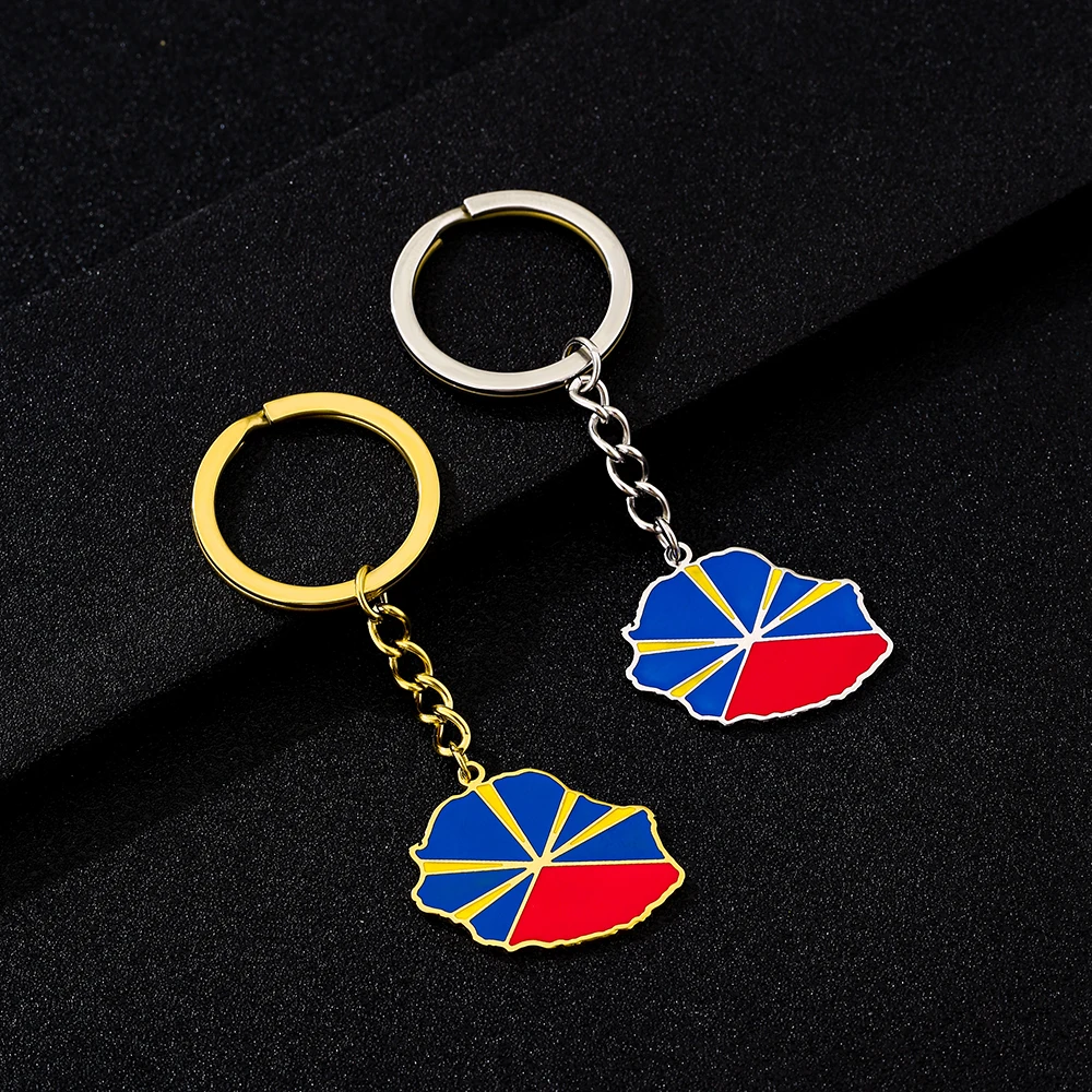 1PCS Stainless Steel Enamel French Reunion Map Flag Keychain Unisex Couple Ethnic Patriotic Gift European Style