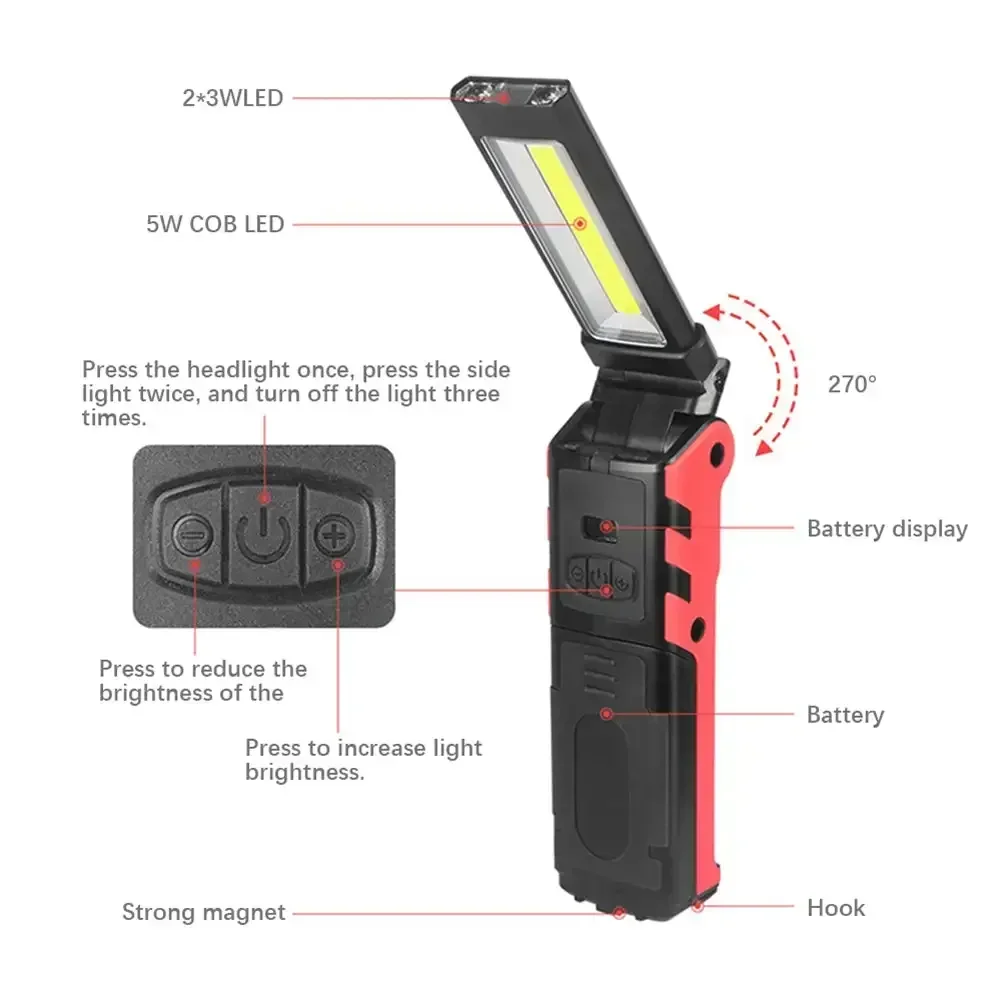Dimmable COB LED Work Light USB Rechargeable Flashlight with Magnetic &Hook Power Bank Inspection Lamp for Car Repair Camping