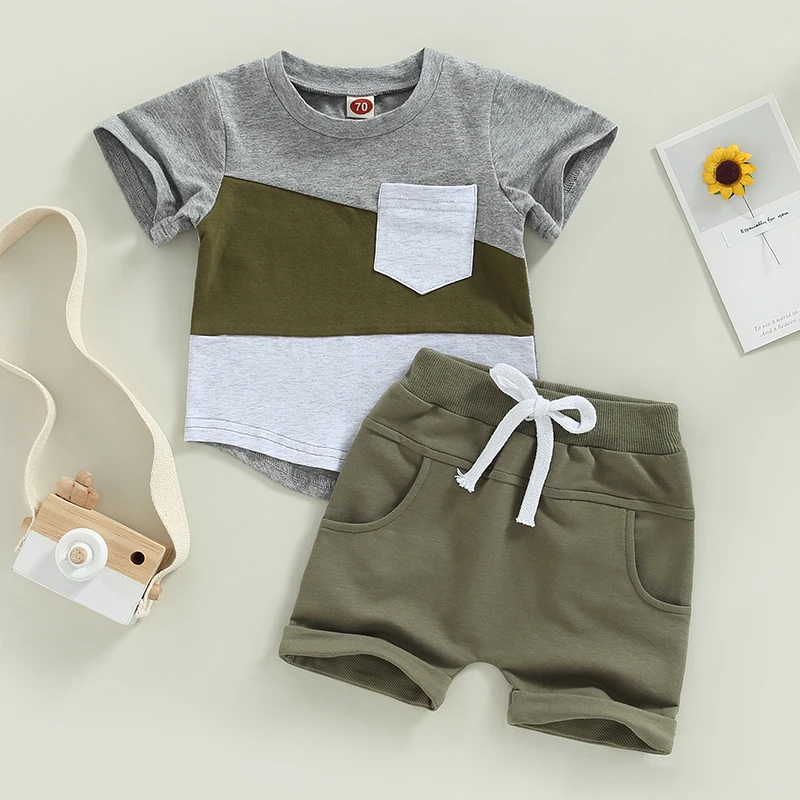 2Pcs Baby Boy Summer Clothes Set Contrast Color Short Sleeve Crew Neck T-Shirts Tops Elastic Waist Shorts Casual Set