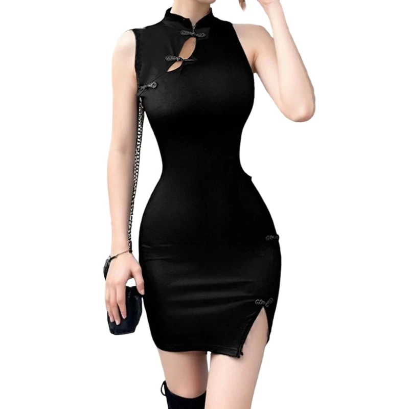 빈티지 컷아웃 슬릿 미니 드레스 섹시 클럽 파티 나이트 아웃 여성 치파오 드레스 우아한 여성 민소매 솔리드 바디콘 드레스