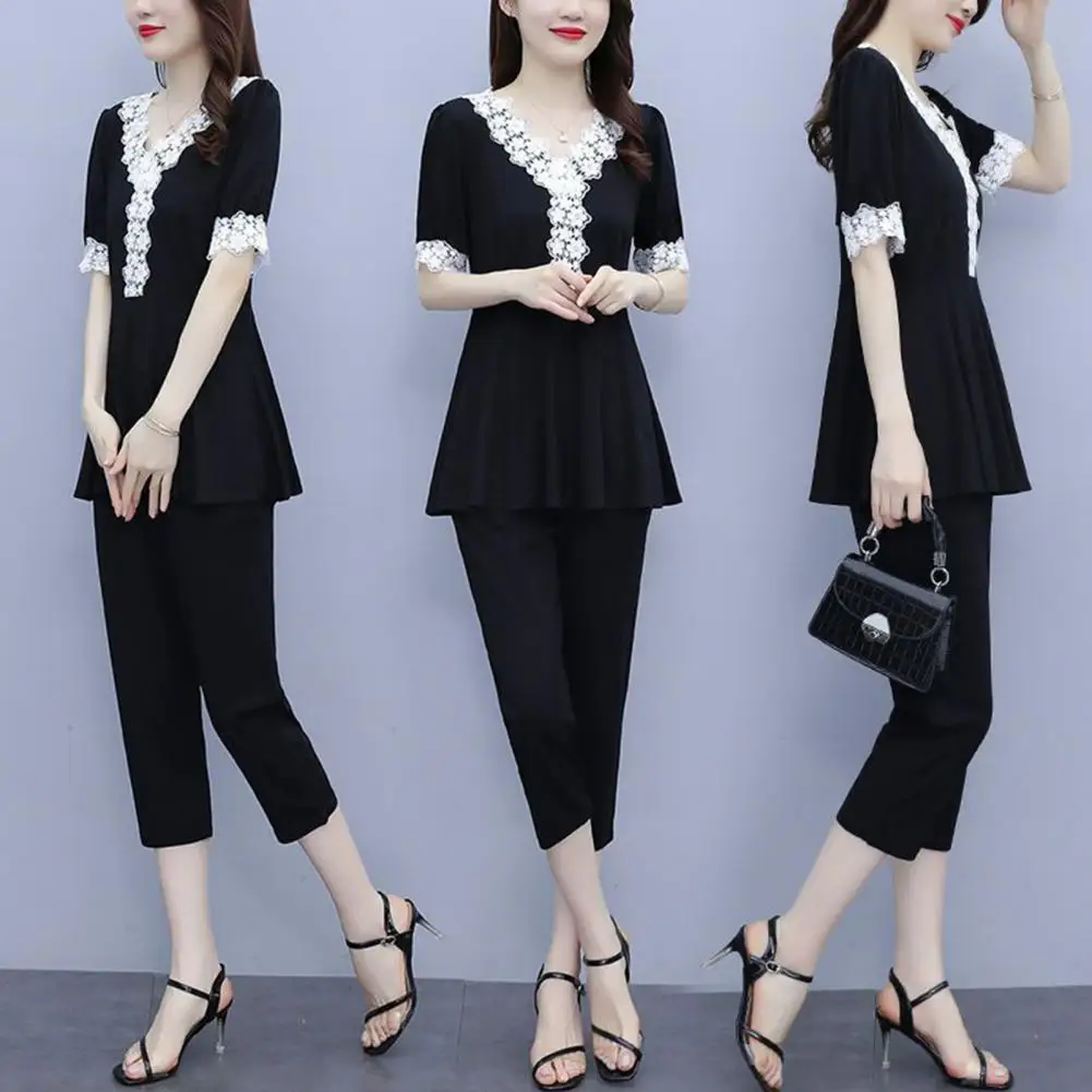

Women Two-piece Set Polyester Stylish Women's Summer Two-piece Set with Lace Trim Top Slimming Seven-quarter Pants for Work