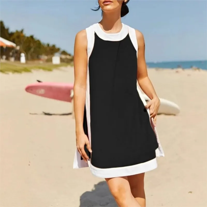 

Summer Loose Sleeveless Contrast Women Outfit Casual O Neck Pockets Long Tops & Shorts Set Bohemian Holiday Beach Two Piece Sets