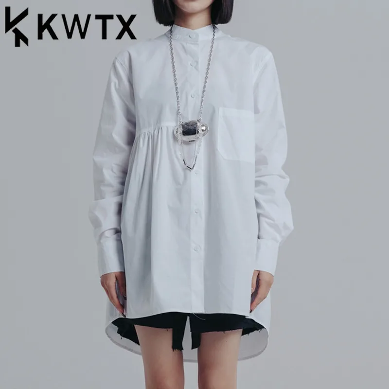 

KWTX Women’s White Shirt Stand Collar Casual Lightweight Wrinkle Streetwear Spring Summer 2025 Trendy Chic High Quality