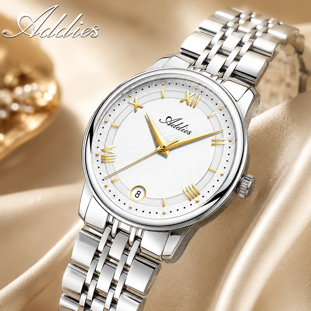 Addies Date Display Sapphire Glass Stainless Steel Band Couple's Watches Waterproof Quartz Watch Simple Style Gift for Couple