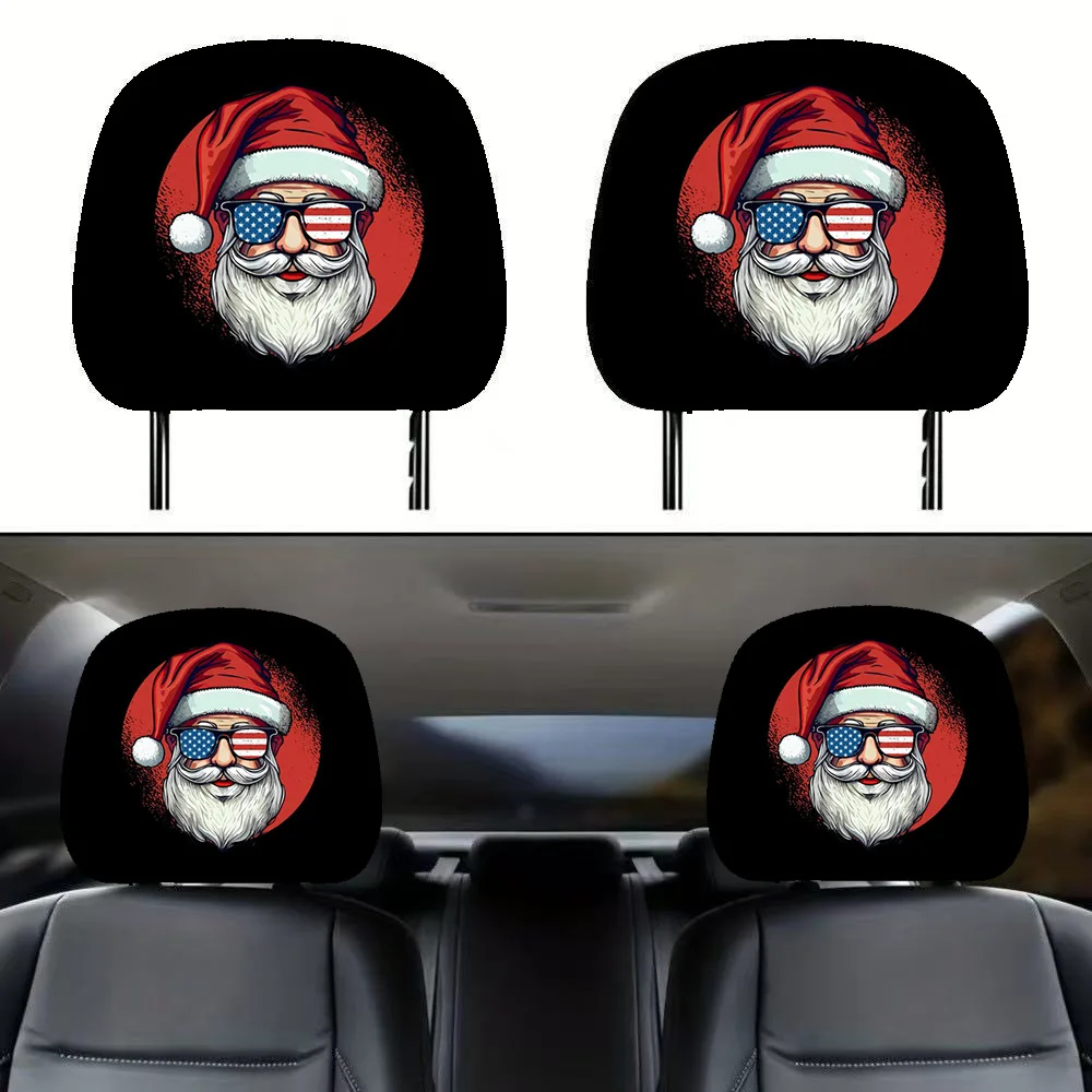 2pcs Universal Reversible Printed Car Seat Head Protector Covers Cute Funny Santa Claus Car Headrest Covers For Cars Vans Trucks