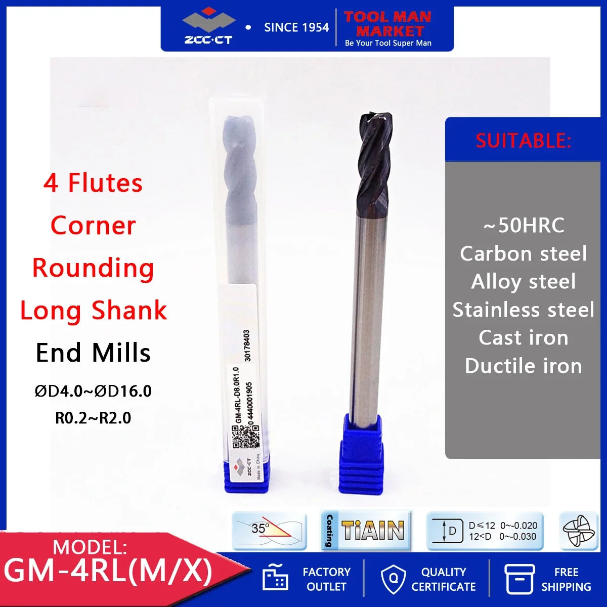 

ZCCCT GM-4RL GM-4RM GM-4RX 4-флейтовый универсальный длинный хвостовик, закругление углов, твердосплавный конец, фреза с ЧПУ, режущие инструменты для металла