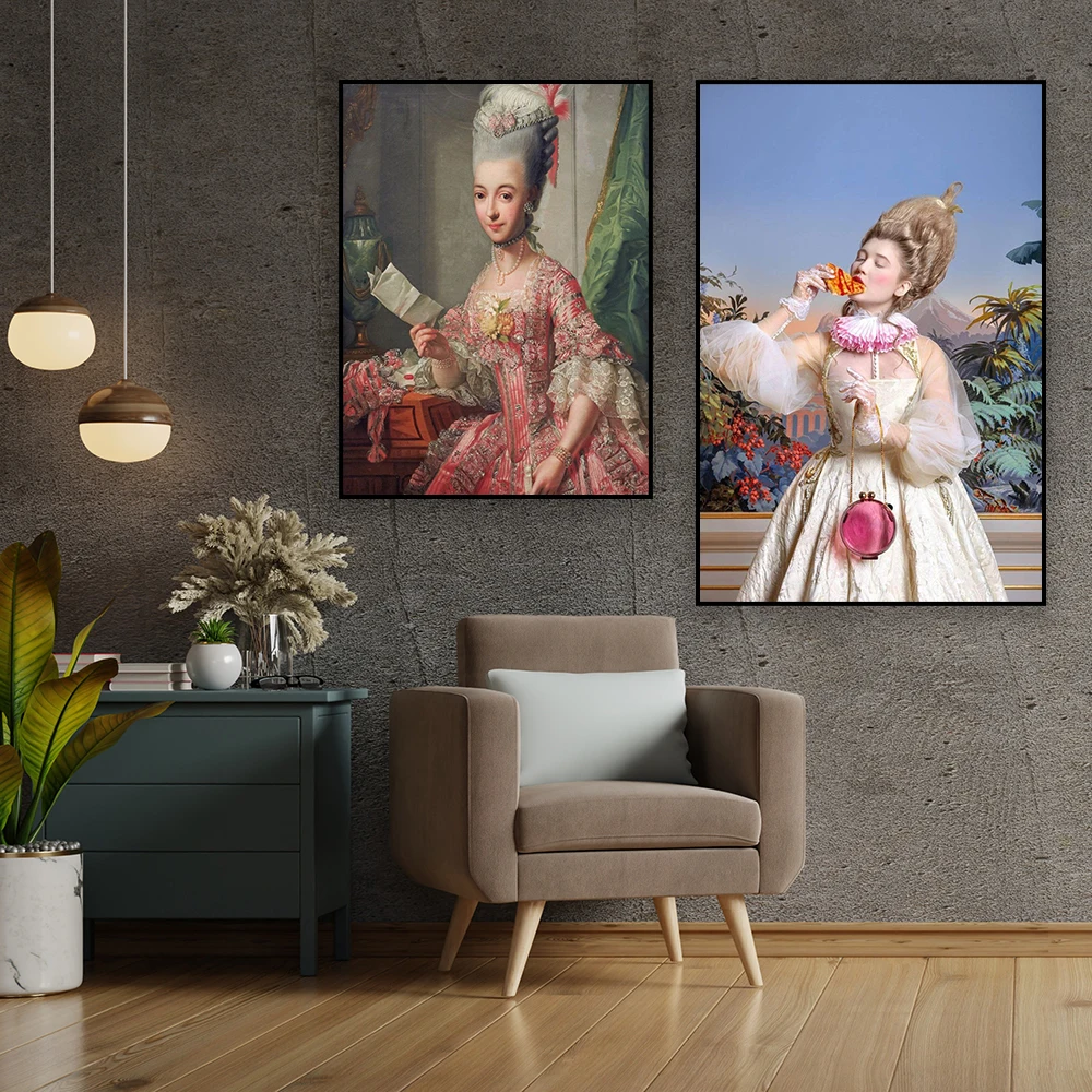 Funny Vintage Altered Art Poster Women Portrait Prints Portrait of Louis XIV Oil Painting Canvas Painting Wall Art Room Decor