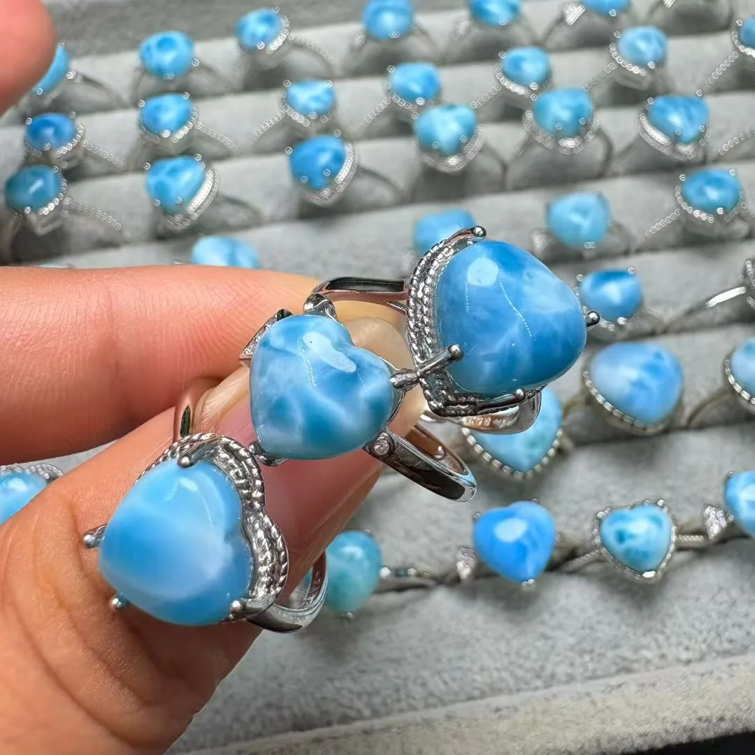 

1 Pc Fengbaowu Natural Dominican Republic Larimar Heart Ring Heart 925 Sterling Silver Reiki Healing Stone Jewelry Gift Women