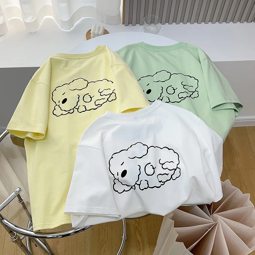  Error Puppy Print Milky Yellow Short sleeve T-shirt Women 2023 Summer New Loose Cotton COUPLE'S