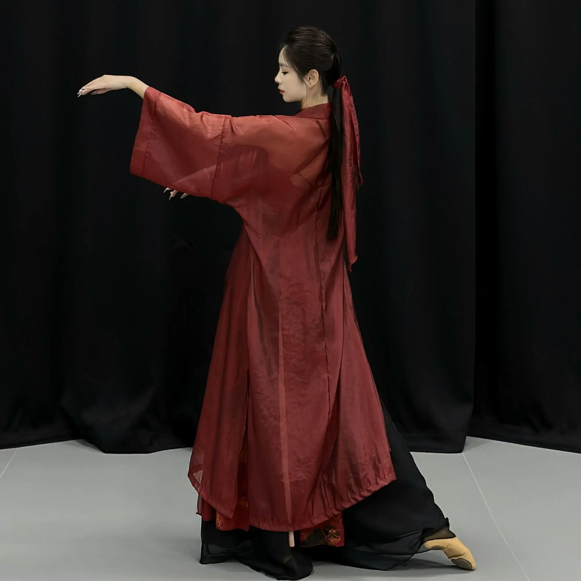 

Traditional Style Jazz Dance Costume Classical Dance Red Gauze Flowy Loose Women's Performance Outfit Cardigan Tie Cheongsam