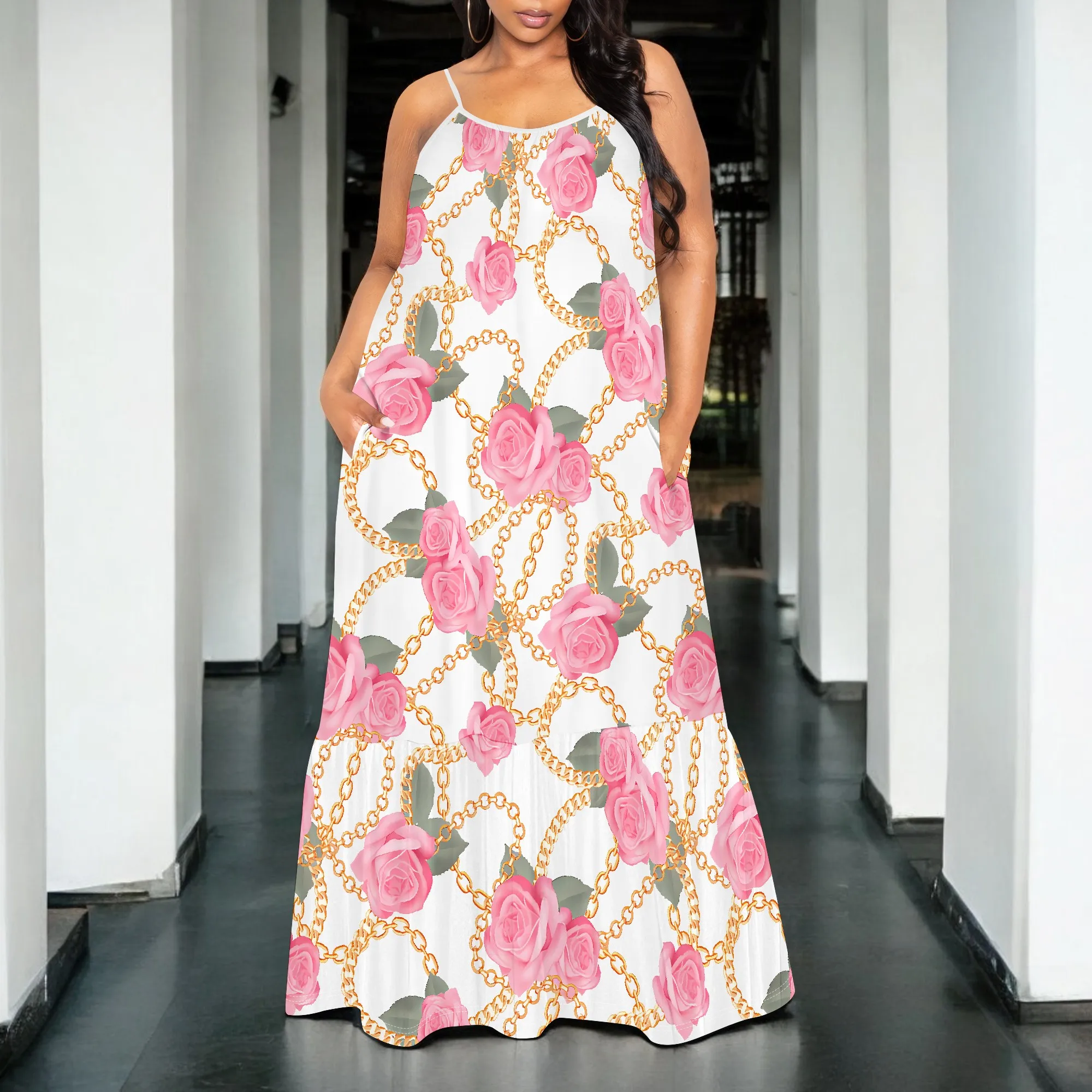 

Off-Shoulder Rose Chain Print Maxi Dress for Women
