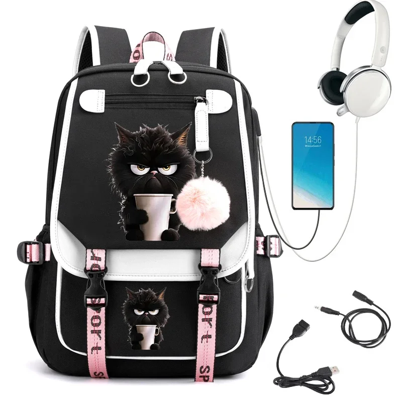 Black Cat Coffee Schoolbag for Girls Large Capacity High School Student Backpack Cartoon Bagpack Usb Bags