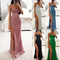 2024 Fashion Women Elegant Strap Sleeveless Sequined Slim Sexy Split Evening Party Long Dress Party Fashion Camisole Dress