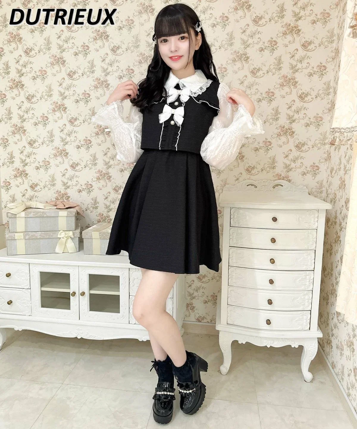 Lolita Japanese Style Bow Rhinestone Flying Long Sleeve Dress Female Fashion Casual Elegant Dresses for Women Spring Autumn