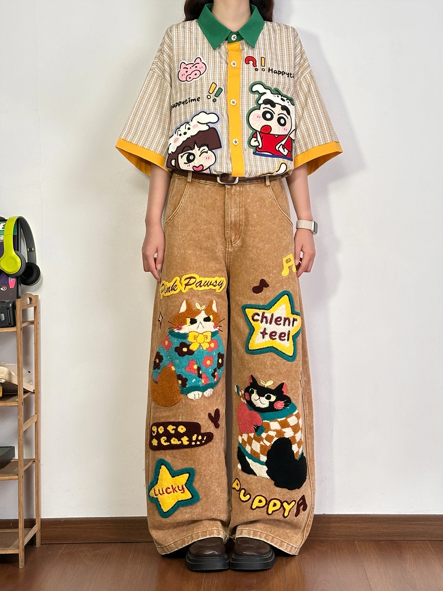 Retro American Cartoon Embroidery Straight Leg Jeans Women's Loose Wide Leg Pants Casual Summer Denim Trousers for Young Women