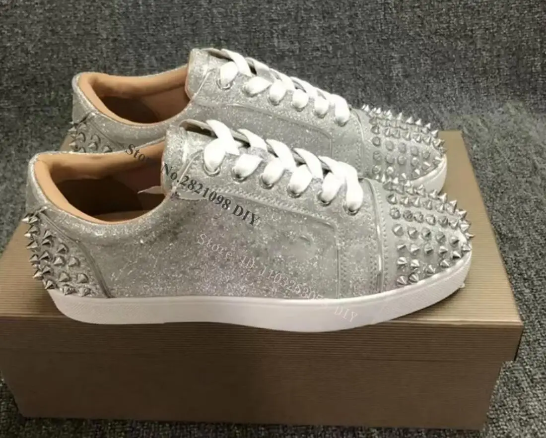 Prateado plano rebite rendas até sapatos casuais feminino design de embreagem tênis de cristal dedo do pé redondo conciso casal metálico glitter sapato