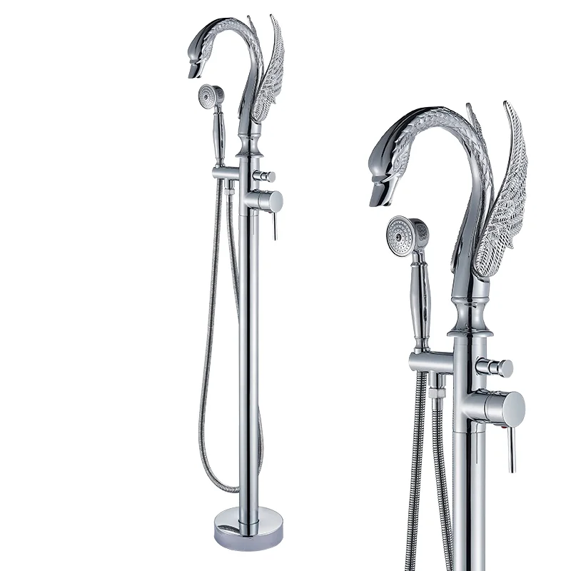 

Contemporary Chrome Bathroom Faucet Carved Swan Spout Free Standing Brass Single Handle Ceramic Valve Core Rain Shower Tap