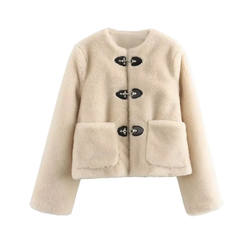 Damen High-Street Trendige Fleecejacke Einreihig O-Ausschnitt Kurze Jacke Neue Mode 2026 Frühling Urlaub Date Jacke