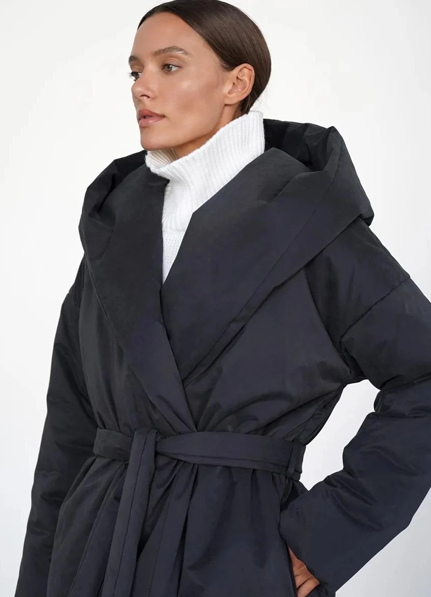 

2025 Winter New Solid Color Extended Retro Parkas Women's Belt Warm Hooded Cotton Jacket Coat