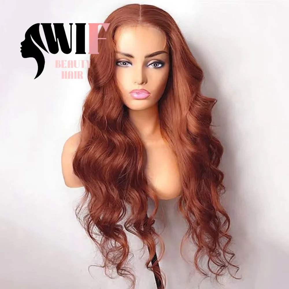 WIF Copper Red Synthetic Wig Natural Hairline Body Wave Lace Front Wigs Reddish Brown Heat Fiber Women Daily Use Hair