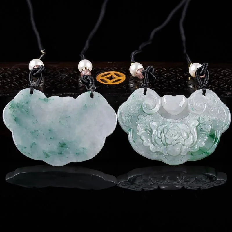 Natural A-grade blue jadeite pendant with floral motifs symbolizing prosperity good fortune, suitable for both men and women