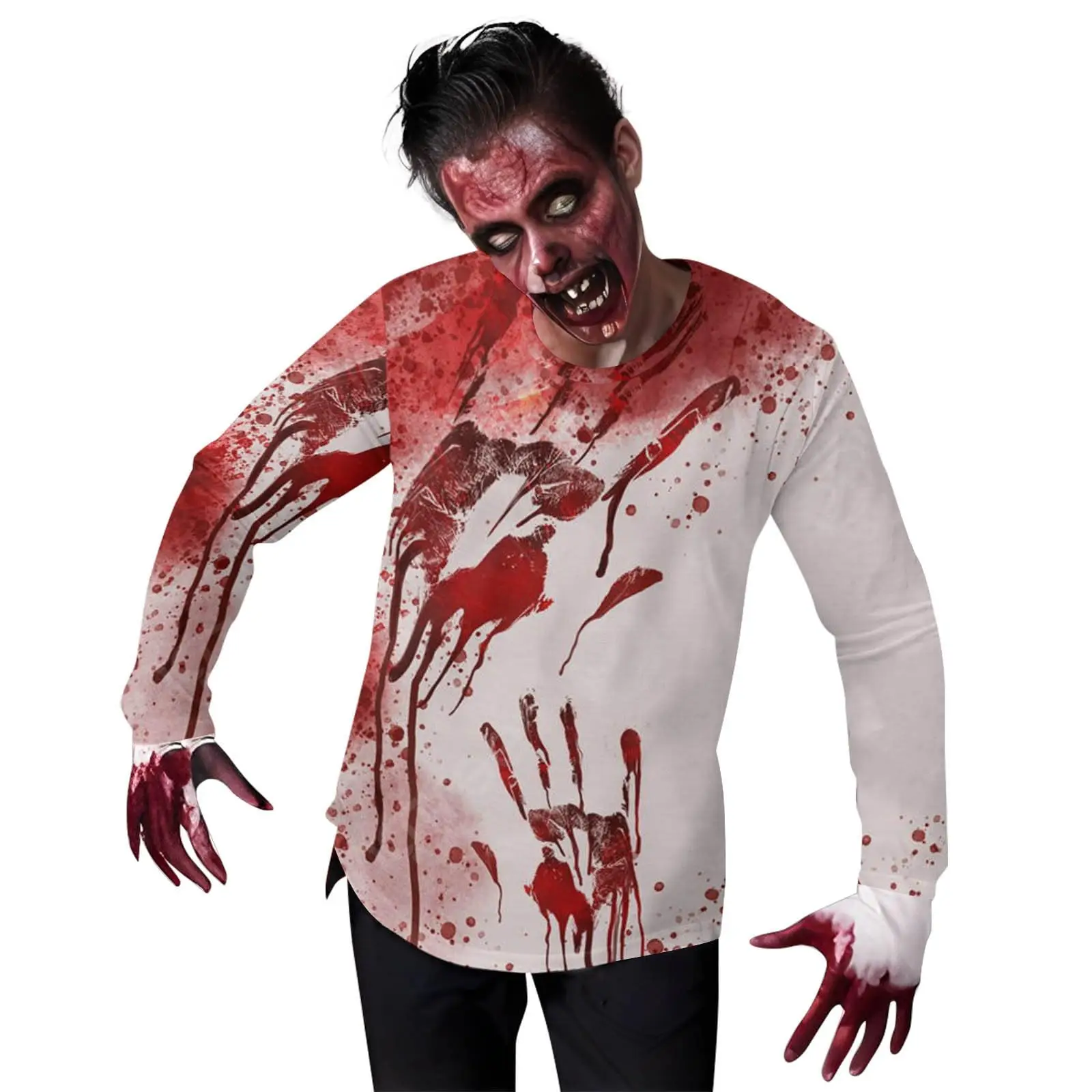 2024 Men's Classic Halloween Series Horror Cosplay Printed Long Sleeve T-shirt Women's Loose T-shirt Role Playing Bloody Costume