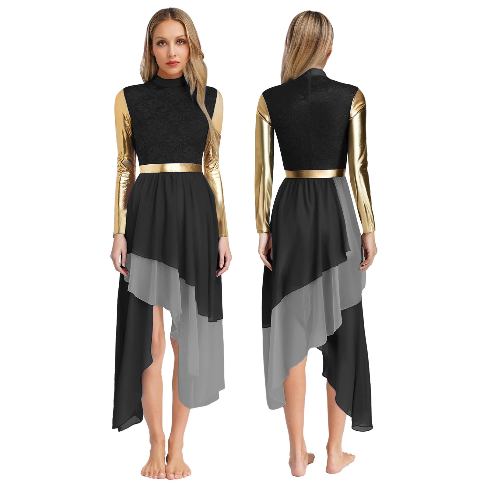 

Womens Worship Praise Dance Dress Metallic Shiny Long Sleeve Chiffon Hem Lyrical Modern Dance Dress for Church Choir Dancewear