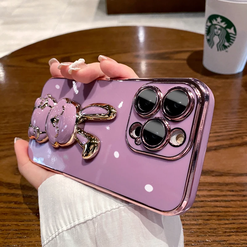 For iPhone 14 Pro Cute Case 3D Bunny Rabbit Stand Bracket Holder Phone Cases for iPhone 7 8 14 Plus 11 12 13 14 Pro Max X Xr Xs