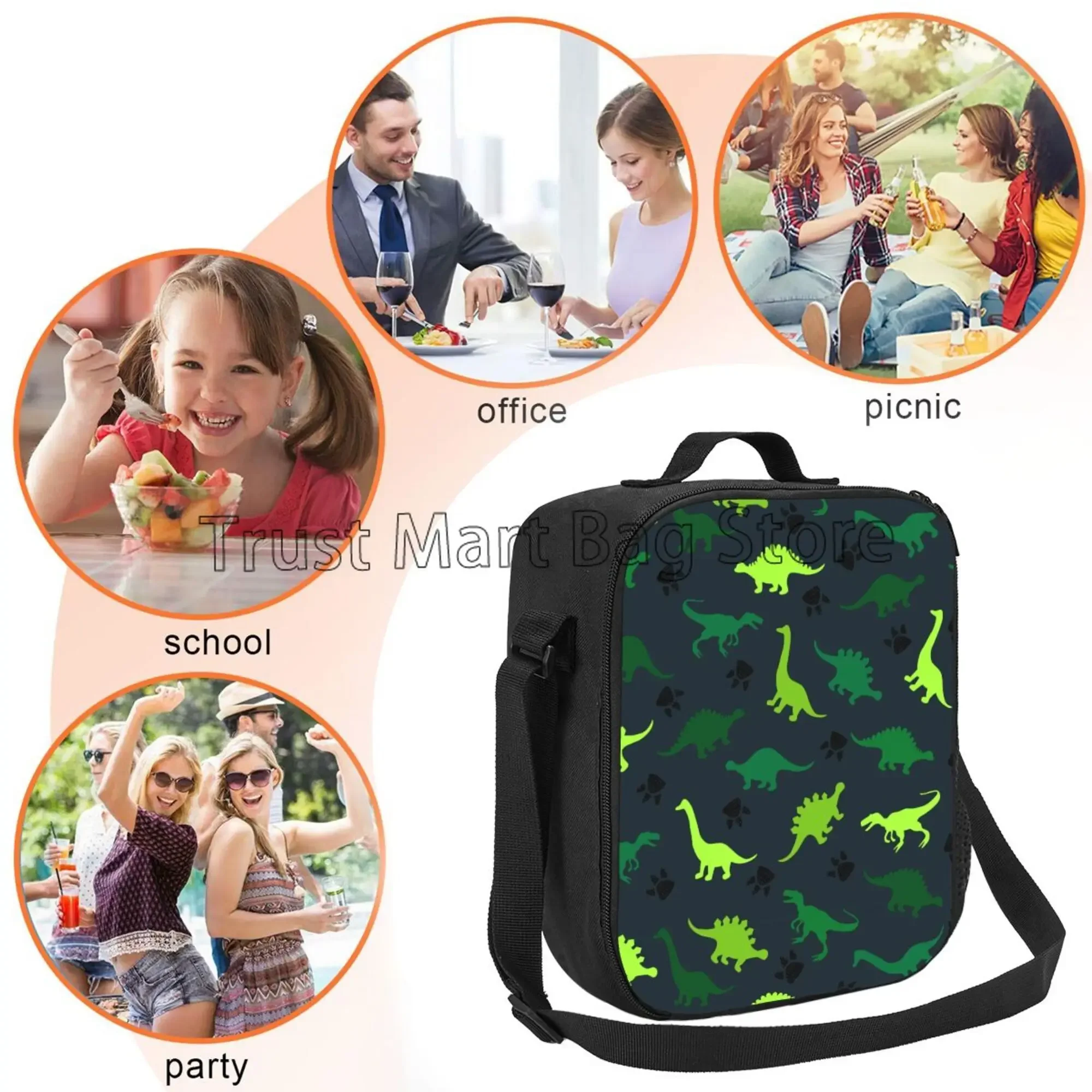 Cartoon Dinosaur Insulated Lunch Bag for Kids Boys Girls Portable Thermal Bento Food Bag Oxford Cooler Tote Bags for School Work