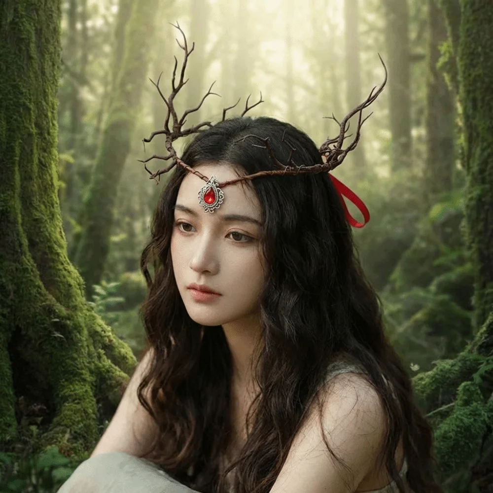 Fairy Vine Elven Crown Diadem Fantasy Elf Tiara Rhinestone Decorated Simulate Tree Leaves Fairy Headpiece Gothic Style