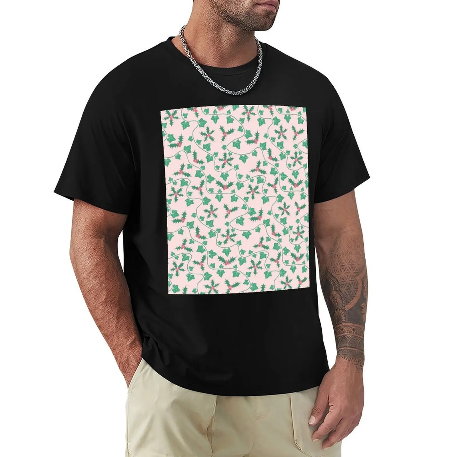 Holly And Ivy Vines Light Pink T-Shirt Minimal Art Print T-Shirt